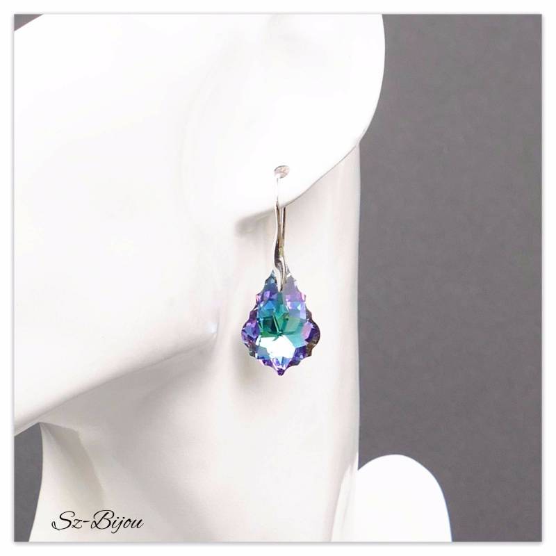 Silber Ohrhänger Swarovski Barock Ohrringe Baroque Vitrail Light Multicolor Violette Braut Schmuck von Szendercia