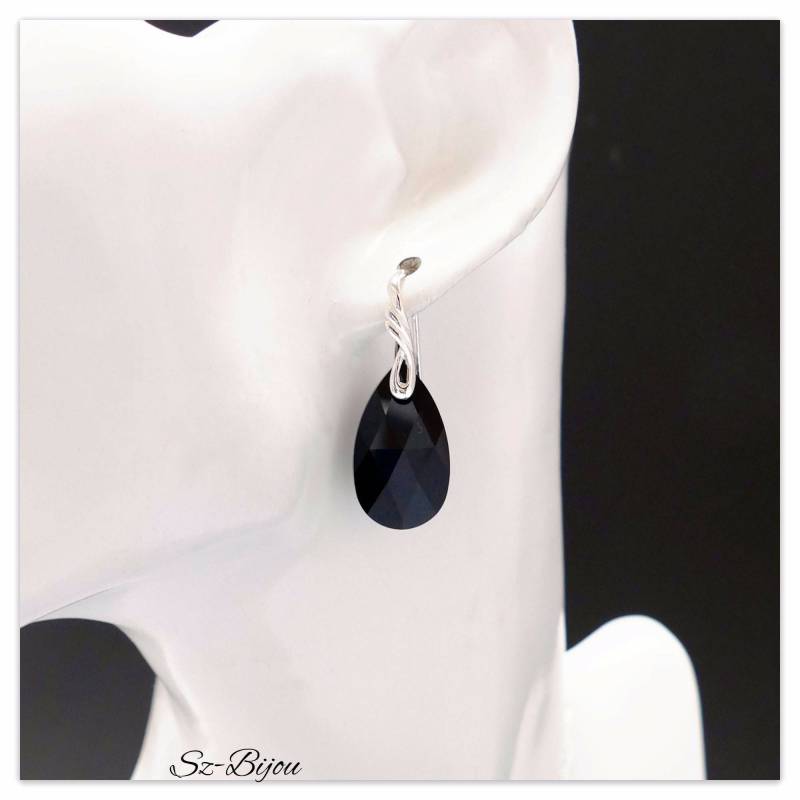 Silber Ohrhänger Swarovski Mandel Ohrringe Pear Shaped Jet Schwarze Sterlingsilber Tropfen Geschenk von Szendercia