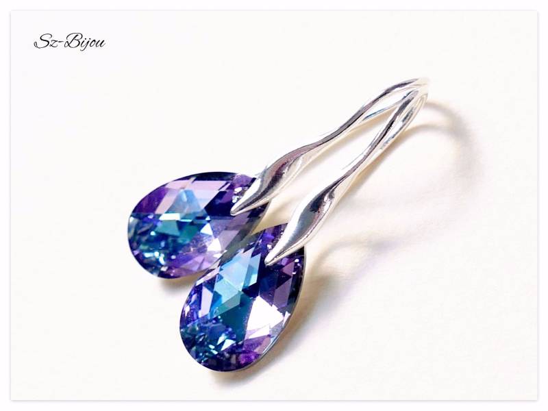Silber Ohrhänger Swarovski Pear Shaped Vitrail Light Ohrringe Multicolor Schmuck Mandel Violette Lila Tropfen von Szendercia