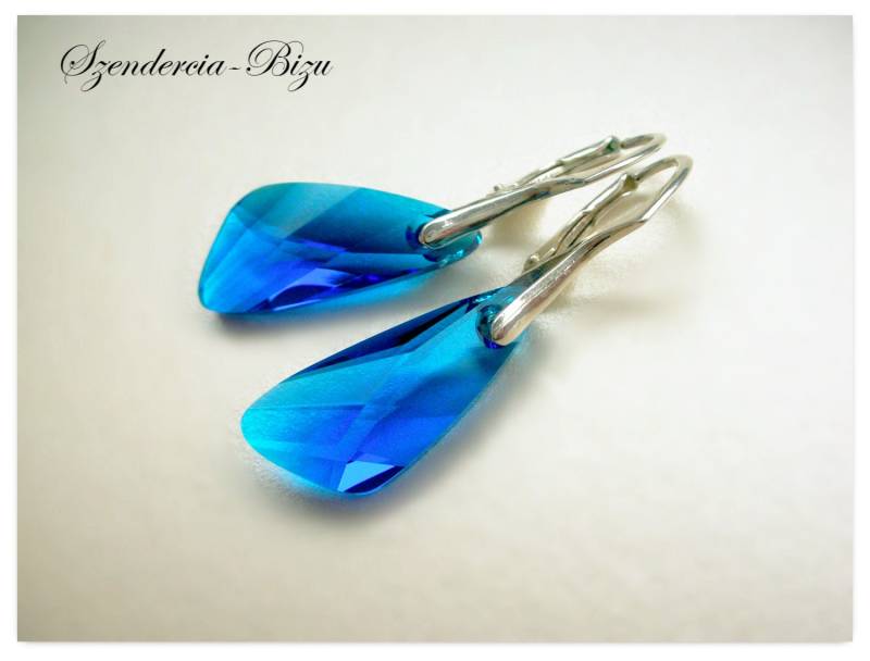 Silber Ohrringe Swarovski Flügel Ohrhänger Wing Capri Blue Braut Schmuck Blaue Kristall Frauen Geschenk von Szendercia