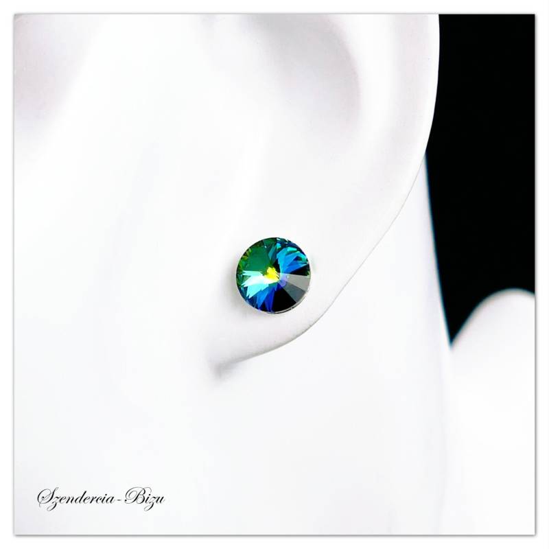 Silber Swarovski Rivoli 8mm Vitrail Medium Ohrstecker Multicolor Schmuck Grüne Runde Ohrringe Sterlingsilber Braut Schmuckset Geschenk von Szendercia