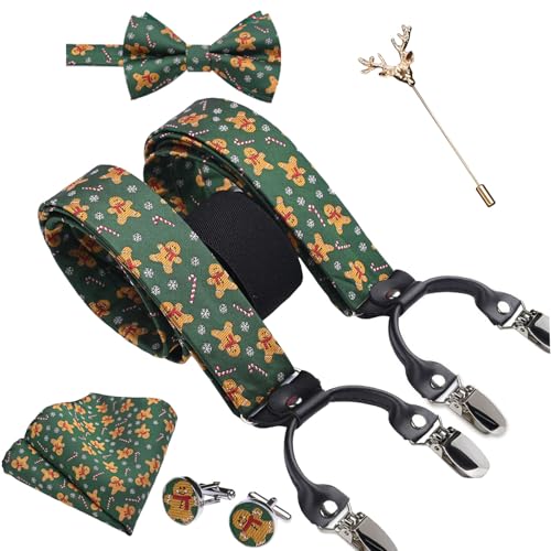 SzonMcnl Weihnachten Herren Hosenträger mit Fliege Set Grüner Lebkuchenmann Pattern Hosenträger Verstellbare Y Form mit starken Clips Weihnachtsgeschenke und Fliege Einstecktuch für Männer SzonMcnl Weihnachten Herren Hosenträger mit Fliege Set Grüner Lebkuchenmann Pattern Hosenträger Verstellbare Y Form mit starken Clips Weihnachtsgeschenke und Fliege Einstecktuch für Männer von SzonMcnl