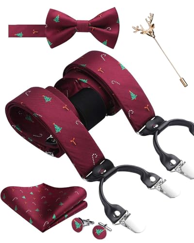 SzonMcnl Weihnachten Herren Hosenträger mit Fliege Set Hosenträger in Y-Form mit 6 extra starken Clips Weihnachtsgeschenke und Fliege Einstecktuch (Weihnachtsbaum 1) von SzonMcnl