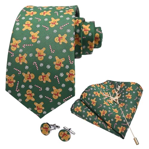 SzonMcnl Weihnachts Krawatten für Herren Muster Woven Party Weihnachten Krawatte mit Taschentuch Manschettenknöpfe Brosche Set (Lebkuchenmann) von SzonMcnl