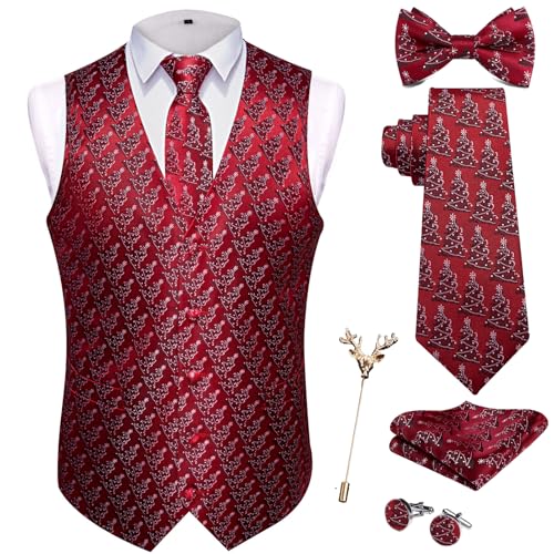 SzonMcnl Weihnachts Weste Herren Weihnachtsbaum Muster Weste Festlich Happy Krawatte Fliege Tasche Quadratisches Taschentuch Anzug Set-L von SzonMcnl
