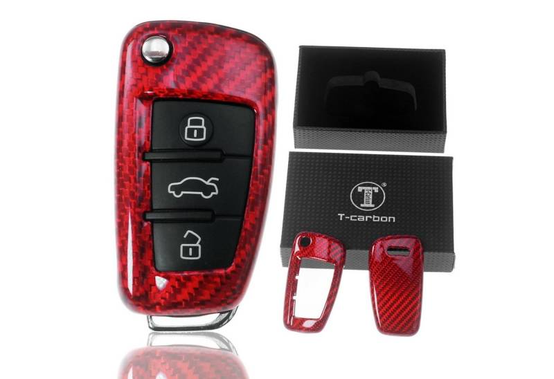T-Carbon Schlüsseltasche Auto Schlüssel Carbon-Optik Schutz Hülle Rot, für AUDI A1 8X A3 8V A4 B7 A6 C6 TT 8J Q3 8U Q7 4L Klappschlüssel von T-Carbon