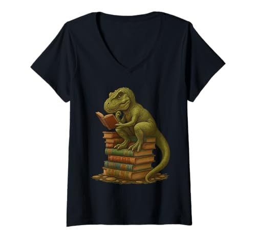 Damen Buchliebhaber Bücherwurm Spaß Lesen Dinosaurier T Rex Bücher Drache T-Shirt mit V-Ausschnitt Damen Buchliebhaber Bücherwurm Spaß Lesen Dinosaurier T Rex Bücher Drache T-Shirt mit V-Ausschnitt von T Rex Books lover Book Reading Bookworm Dragon Tee