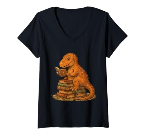 Damen Buchliebhaber Bücherwurm Spaß Lesen Dinosaurier T Rex Bücher Drache T-Shirt mit V-Ausschnitt Damen Buchliebhaber Bücherwurm Spaß Lesen Dinosaurier T Rex Bücher Drache T-Shirt mit V-Ausschnitt von T Rex Books lover Book Reading Bookworm Dragon Tee