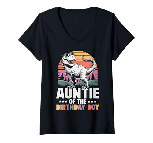 Damen Auntie of The Birthday Party Outfit Dinosaurier Squad Auntie T-Shirt mit V-Ausschnitt Damen Auntie of The Birthday Party Outfit Dinosaurier Squad Auntie T-Shirt mit V-Ausschnitt von T-Rex Dinosaur Birthday Boy Family Outfits Retro
