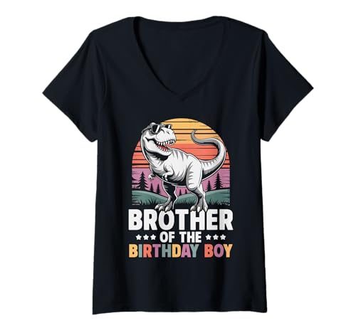 Damen Bruder des Geburtstags Party Outfit Dinosaurier Squad Bruder T-Shirt mit V-Ausschnitt Damen Bruder des Geburtstags Party Outfit Dinosaurier Squad Bruder T-Shirt mit V-Ausschnitt von T-Rex Dinosaur Birthday Boy Family Outfits Retro