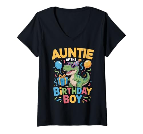 Damen Auntie of The Birthday Party Outfit Dinosaurier Squad Auntie T-Shirt mit V-Ausschnitt Damen Auntie of The Birthday Party Outfit Dinosaurier Squad Auntie T-Shirt mit V-Ausschnitt von T-Rex Dinosaur Birthday Boy Family Outfits