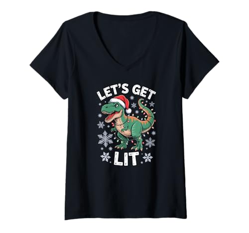Damen T Rex Tyrannosaurus Rex Dinosaur Jurassic Christmas Hat T-Shirt mit V-Ausschnitt Damen T Rex Tyrannosaurus Rex Dinosaur Jurassic Christmas Hat T-Shirt mit V-Ausschnitt von T Rex Dinosaur tyrannosaurus