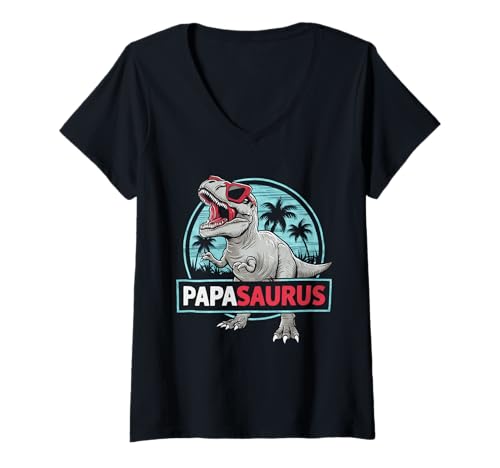 Damen Lustiges Papasaurus Design Coole Dino-Väter T-Shirt mit V-Ausschnitt von T-Rex Papasaurus Vatertag Dino Vater