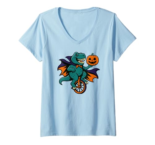 Damen Halloween, T Rex Dinosaurier, Einrad T-Shirt mit V-Ausschnitt Damen Halloween, T Rex Dinosaurier, Einrad T-Shirt mit V-Ausschnitt von T Rex Riding a Unicycle