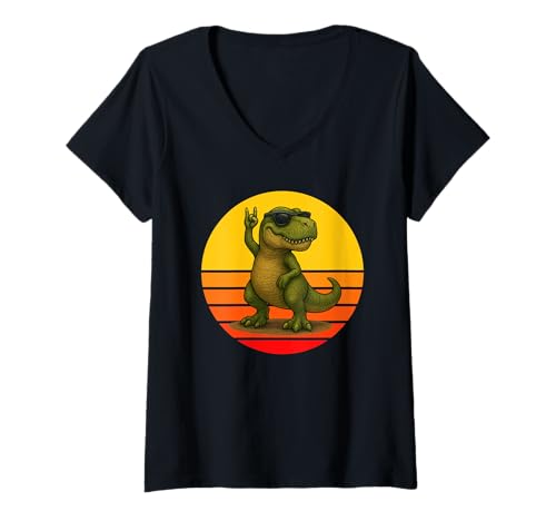 Damen Retro T-Rex Rock Spotlight T-Rex Rockstar Dinosaurier Rocker T-Shirt mit V-Ausschnitt von T-Rex Rock For Life