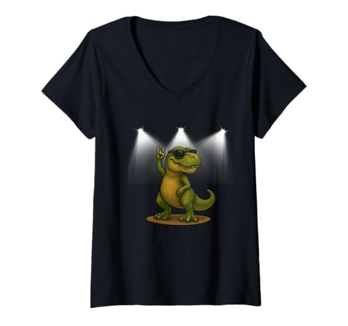 Damen Retro T-Rex Rock Spotlight T-Rex Rockstar Dinosaurier Rocker T-Shirt mit V-Ausschnitt Damen Retro T-Rex Rock Spotlight T-Rex Rockstar Dinosaurier Rocker T-Shirt mit V-Ausschnitt von T-Rex Rock For Life