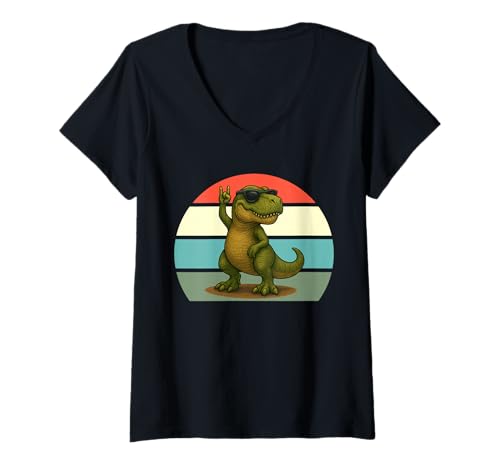 Damen Retro T-Rex Rock Spotlight T-Rex Rockstar Dinosaurier Rocker T-Shirt mit V-Ausschnitt Damen Retro T-Rex Rock Spotlight T-Rex Rockstar Dinosaurier Rocker T-Shirt mit V-Ausschnitt von T-Rex Rock For Life