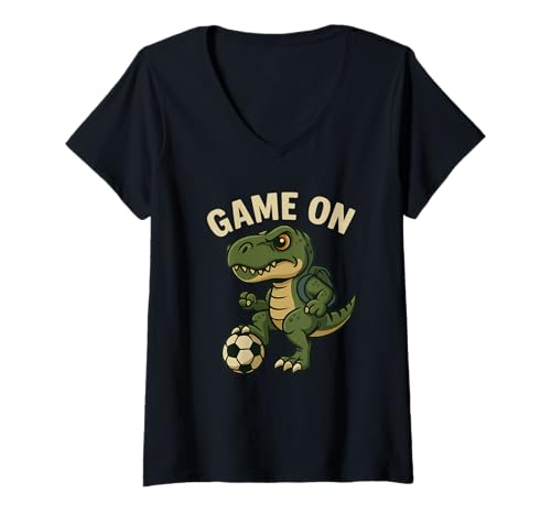 Damen Lustiger Dinosaurier-Fußball-T-Rex-Sport-Grafik T-Shirt mit V-Ausschnitt Damen Lustiger Dinosaurier-Fußball-T-Rex-Sport-Grafik T-Shirt mit V-Ausschnitt von T-Rex Soccer Dino Kids Sports Apparel