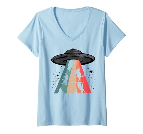 Damen Cat UFO LOL Bye Alien Abduction Flying Cats UFO Galaxy Retro T-Shirt mit V-Ausschnitt Damen Cat UFO LOL Bye Alien Abduction Flying Cats UFO Galaxy Retro T-Shirt mit V-Ausschnitt von T Shirt Cat UFO Phone Case Pop Up Grip UFO Cat Mug