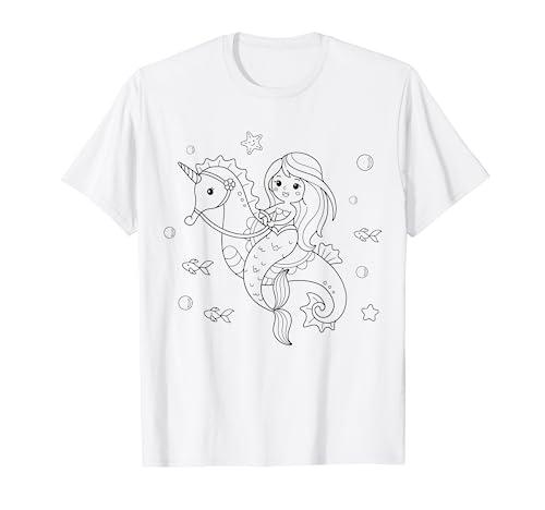 Meerjungfrau Seepferdchen Einhorn ausmalen für Kinder T-Shirt von T-Shirt zum bemalen für Kinder Motiv & ausmalen