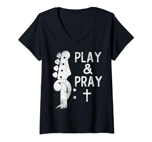 Damen Play And Pray Musician Player Bass Guitar Christian bassist T-Shirt mit V-Ausschnitt von T-ShirtManiak