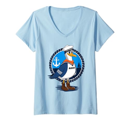 Damen Lustige Möwe Matrose Nordsee Ostsee Insel Strand Outfit Ahoi T-Shirt mit V-Ausschnitt von T-Shirtfans