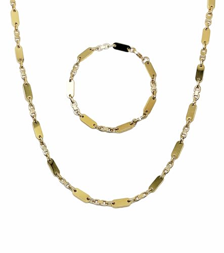 T TAKONE Edelstahl Plattenkette Set für Herren – 60 cm Halskette und Passendes Armband, Stilvolle Steigbügelkette in Hochwertigem Design (Gold) von T TAKONE