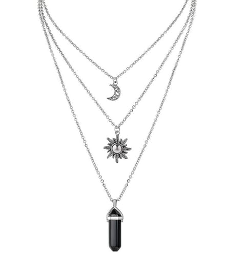 T TAKONE Goth Necklace mit Sonne, Mond & Schwarzem Kristall – 3-in-1 Layered Halskette, Hexen Schmuck für Damen & Y2K Outfits von T TAKONE