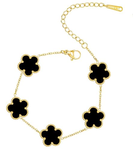 T TAKONE Vierblättriges Kleeblatt Schmuckstück, 18K Vergoldet in Schwarz, Rot, Weiß und Grün, Elegantes und stilvolles Armband für modebewusste Frauen und junge Mädchen (schwarz) von T TAKONE