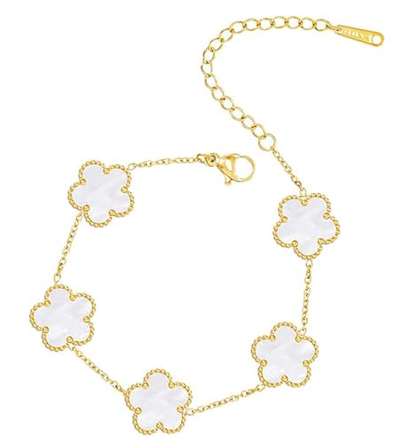 T TAKONE Vierblättriges Kleeblatt Schmuckstück, 18K Vergoldet in Schwarz, Rot, Weiß und Grün, Elegantes und stilvolles Armband für modebewusste Frauen und junge Mädchen (weiß) von T TAKONE