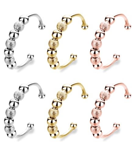 TAKONE 6 Stück Anti Stress Ringe aus Edelstahl – Verstellbare Skill Ringe mit Perlen, Verbesserte Matt-Optik – Für Frauen, Mädchen, ADHS & Angstlinderung von T TAKONE