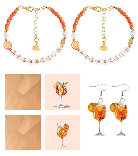 TAKONE Aperol Spritz Geschenkset Damen – 2 Herz-Armbänder, 2 Ohrringe & 2 Grußkarten mit Umschlag – Perfekt für Aperol-Fans, Geburtstag & Party von T TAKONE