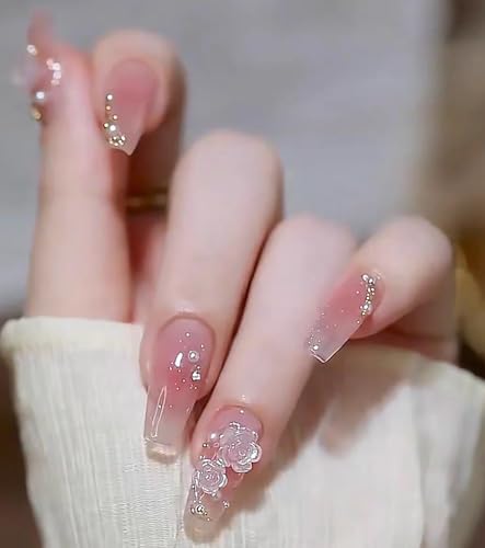 TAKONE Press On Nails 3D Blumen – 24 Stück Mittelgroße Square Nails mit French Design & Kamelienblüte – Selbstklebende Kunstnägel für Damen von T TAKONE