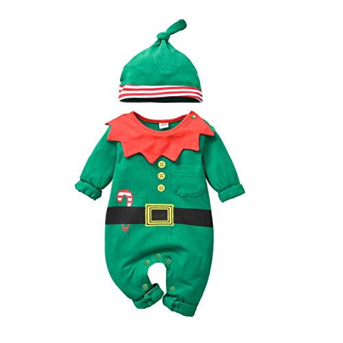 T TALENTBABY Weihnachten Kostüm Baby Kleidung Mädchen Jungen 3-6 Monate, Baby Overall Winter, Christmas Santa Elf Babykleidung Strampler, Grün Walkoverall Outfit, Neugeborenen Geschenk Set von T TALENTBABY