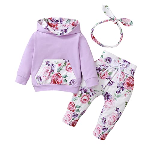 T TALENTBABY Baby Mädchen Kapuzenpulli Sweatshirt Bedruckte Blumen Outfits Kleinkind Mädchen Kapuzen Top + Hose + Stirnband Kleinkind Mädchen Trainingsanzug Kleidung, Lila, 18-24 Monate von T TALENTBABY