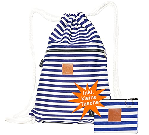 T-bags Turnbeutel Damen Herren Stoffbeutel mit Kordelzug - Kosmetiktasche Klein für Handtasche Stoff - Sportbeutel Baumwolle Kinder - Rucksack Set mit Geldbörse (Blau Weiß) von T-bags