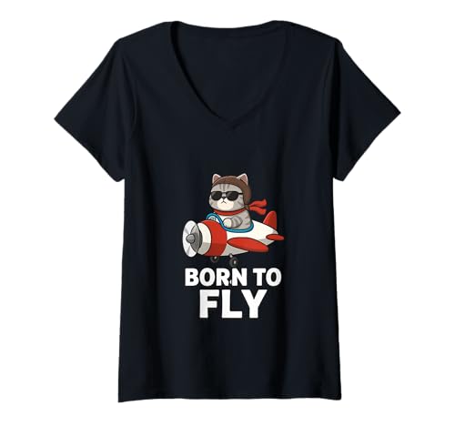 Damen Geboren zum Fliegen – Lustige Katzen-Pilot Illustration T-Shirt mit V-Ausschnitt Damen Geboren zum Fliegen – Lustige Katzen-Pilot Illustration T-Shirt mit V-Ausschnitt von T&M