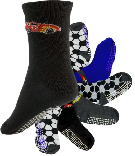 T&R Industrees 4 Paar rutschfeste Kinder ABS Socken mit Anti-Rutsch Stopper für Jungen | Fußball - Auto Mix | 31-36 von T&R Industrees