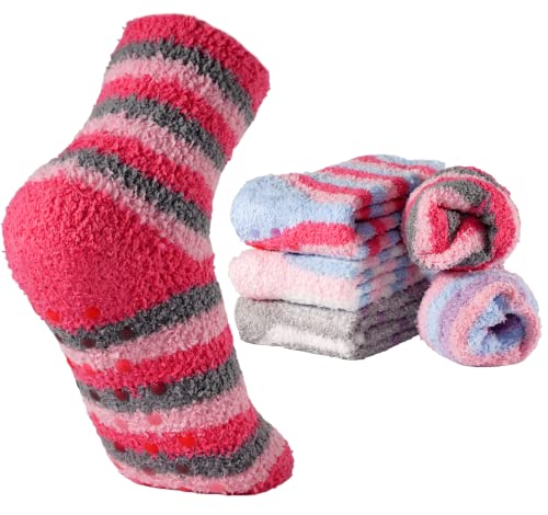 T&R Industrees 6 Paar warme flauschige Kinder ABS Kuschelsocken mit Stopper | Plüschsocken für Mädchen mit Anti Rutsch Sohle| Supermix 4 | 27-30 von T&R Industrees