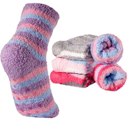 T&R Industrees 6 Paar warme flauschige Kinder ABS Kuschelsocken mit Stopper | Plüschsocken für Mädchen mit Anti Rutsch Sohle| Supermix 5 | 31-34 von T&R Industrees