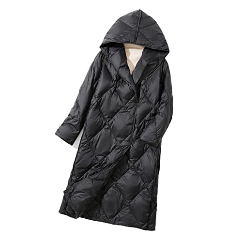 T.M.R.W. Clothing Damen Daunenjacke Leicht Und Dünn Mittellange, Lockere Winterjacke Aus Baumwolle Mit Kapuze Zum Warmhalten (Color : Schwarz, Size : S) von T.M.R.W. Clothing