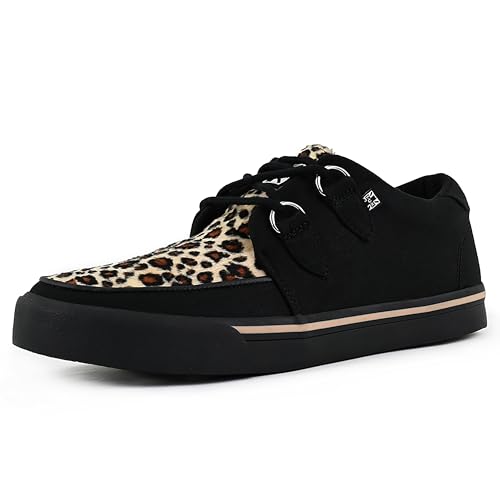 T.U.K. Vegan Creeper Sneaker - Herren & Damen Schuhe - Farbe Black Canvas & Leopard Print - Puck, Goth und Rocker Style Leder und Wildleder Schnürschuhe - Größe 45 von T.U.K