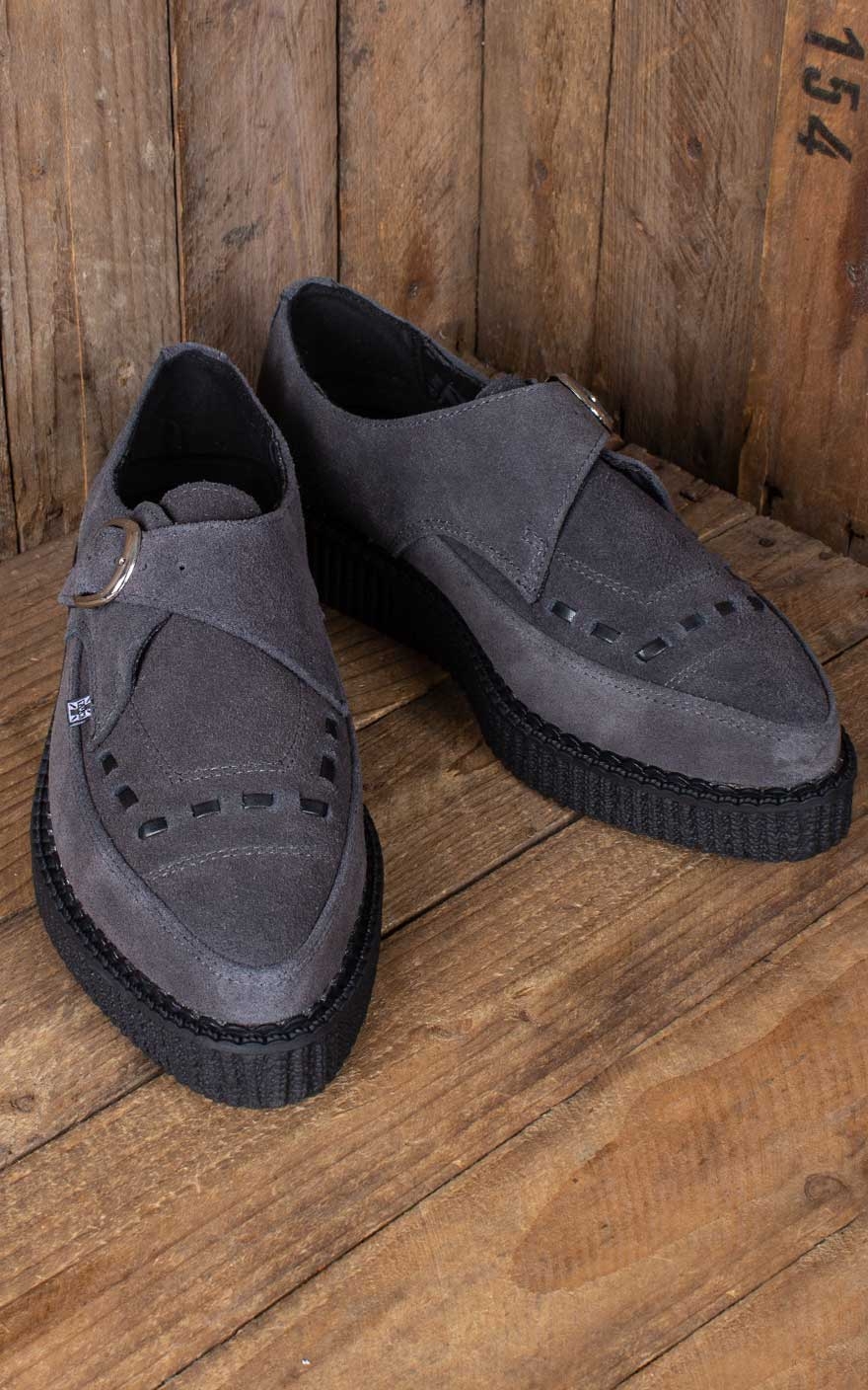 TUK - Charcoal Suede Monk Buckle Pointed Creeper #40 von T.U.K