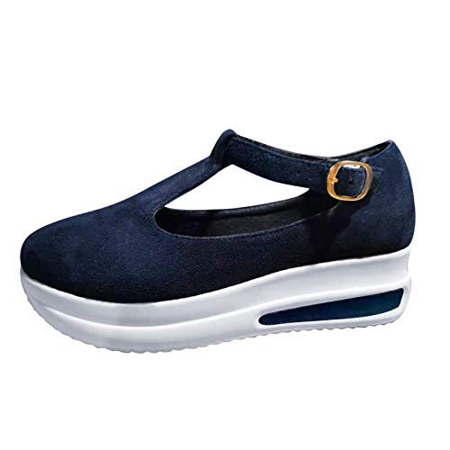 Damen Slippers Wedge Sneaker T-Strap Reiseschuhe Lässig Wander Schuhe Sneaker Freizeit Halbschuh Turnschuhe Bequem Sportschuhe Slip On Jogging Fitness Schuhe Shoes (Blue, 42) von T-