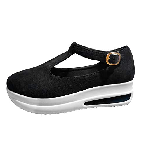 Damen Slippers Wedge Sneaker T-Strap Reiseschuhe Lässig Wander Schuhe Sneaker Freizeit Halbschuh Turnschuhe Bequem Sportschuhe Slip On Jogging Fitness Schuhe Shoes (Schwarz, 37) von T-