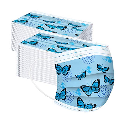 Kinder Mundschutz Einweg Bedruckt 3 lagig Mund-Nasenschutz,10/20/30/40/50/100PCS Schmetterling Drucken Halstuch Masken Mundmasken Staubdicht Mund-Nasen-Schutz Multifunktionstuch (Blue, 100pcs) von T-