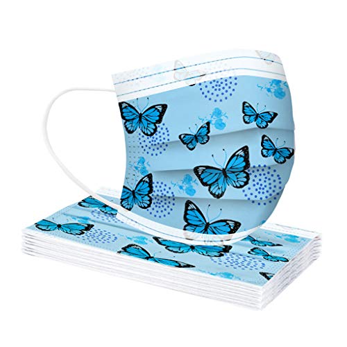 Kinder Mundschutz Einweg Bedruckt 3 lagig Mund-Nasenschutz,10/20/30/40/50/100PCS Schmetterling Drucken Halstuch Masken Mundmasken Staubdicht Mund-Nasen-Schutz Multifunktionstuch (Blue, 10pcs) von T-