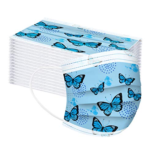 Kinder Mundschutz Einweg Bedruckt 3 lagig Mund-Nasenschutz,10/20/30/40/50/100PCS Schmetterling Drucken Halstuch Masken Mundmasken Staubdicht Mund-Nasen-Schutz Multifunktionstuch (Blue, 50pcs) von T-