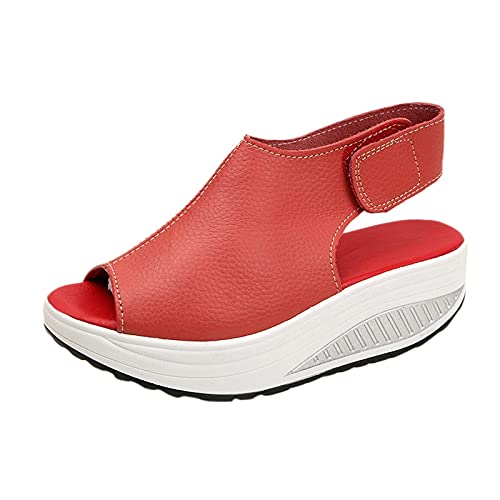 Knöchelriemen Open Toe Latschen Damen Schlappen Slip-on Sommerschuhe Women Roman Sandalen Slipper Sommer Keilsandalen Hausschuhe Schuhe Shoes Bootsportschuhe (Rot, 37) von T-