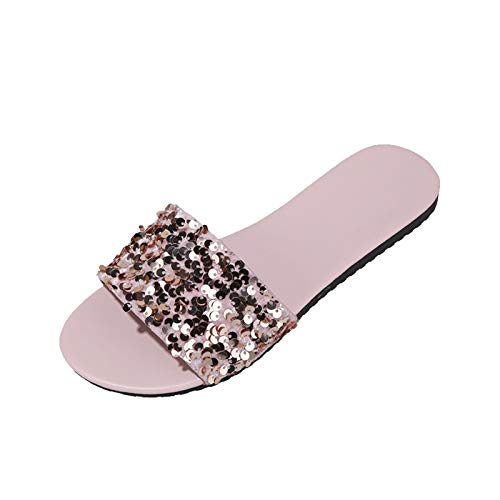 Sandalen Damen Bohemian Shoes mit Strass Flat Sommer Indoor Outdoor Women Beach Peep Toe Gladiator Sandalen Riemchen Sandale Freizeitschuhe Sommerschuhe Strandsandale (Rosa, 41) von T-